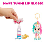 Make Yummi lip gloss set with a doll and lip gloss bottle on a white background