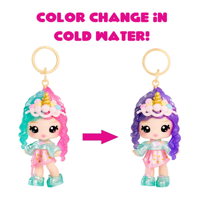 Color-changing keychain with a unicorn design, showing color change in cold water.
