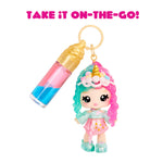 Colorful keychain with a character and lip balm, featuring text 'Take it on-the-go!'.