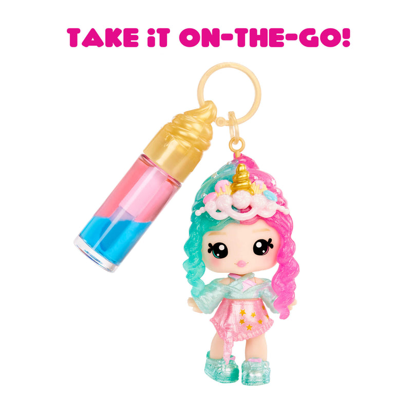 Colorful keychain with a character and lip balm, featuring text 'Take it on-the-go!'.