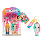 Lip gloss set with a small character figure and keychain on a white background