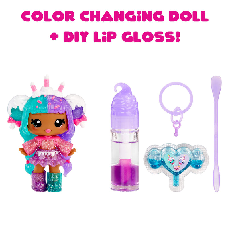 Color-changing doll with DIY lip gloss set on a white background
