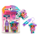 Lip gloss set with character figure and packaging on a white background