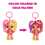 Keychain with a doll that changes color in cold water, shown before and after the color change.