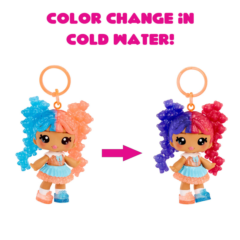 Toy character with color-changing hair on a white background