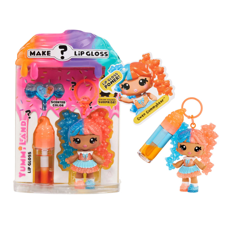 Toy lip gloss set with colorful packaging and character figures on a white background