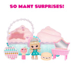 Toy set with a doll and various accessories on a white background, featuring text 'So Many Surprises!'.
