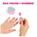 Nail polish and stickers set with a hand applying pink nail polish and a sticker.