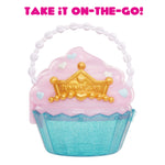 Cupcake-shaped toy with crown on a white background, featuring text 'Take it on-the-go!'.
