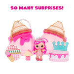 Toy set with a doll and various accessories on a white background, featuring text 'So Many Surprises!'.
