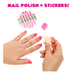 Nail polish and stickers set with a hand applying pink nail polish and a sticker.