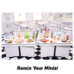 Miniature food setup on a black and white checkered floor with 'Remix Your Minis!' text.