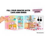 Toy cafe and diner set with a hand holding it open, on a white background.