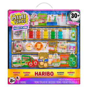 Haribo miniatures set packaging with colorful toys and Haribo branding.