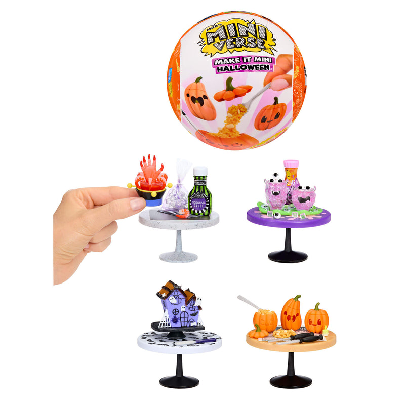 Four Halloween-themed miniatures on small tables 