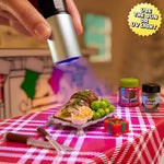 Person using a UV light on a plate of food with a festive background