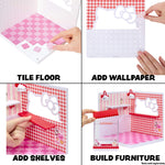 Collage of a product being used to tile a floor, add wallpaper, and build furniture.