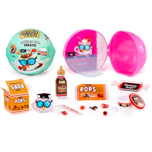 Miniature treats and packaging on a white background
