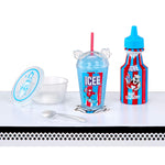 ICEE blue raspberry product set with cup, bottle, and lid on a white background