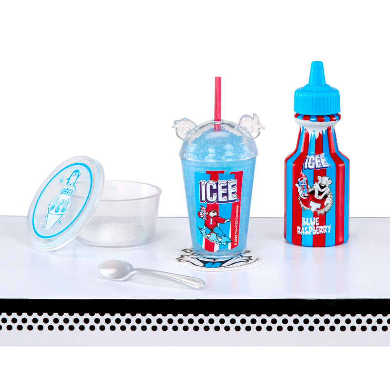ICEE blue raspberry product set with cup, bottle, and lid on a white background