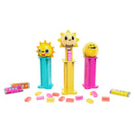 Three colorful mini PEZ dispensers with sun-shaped figures on a white background