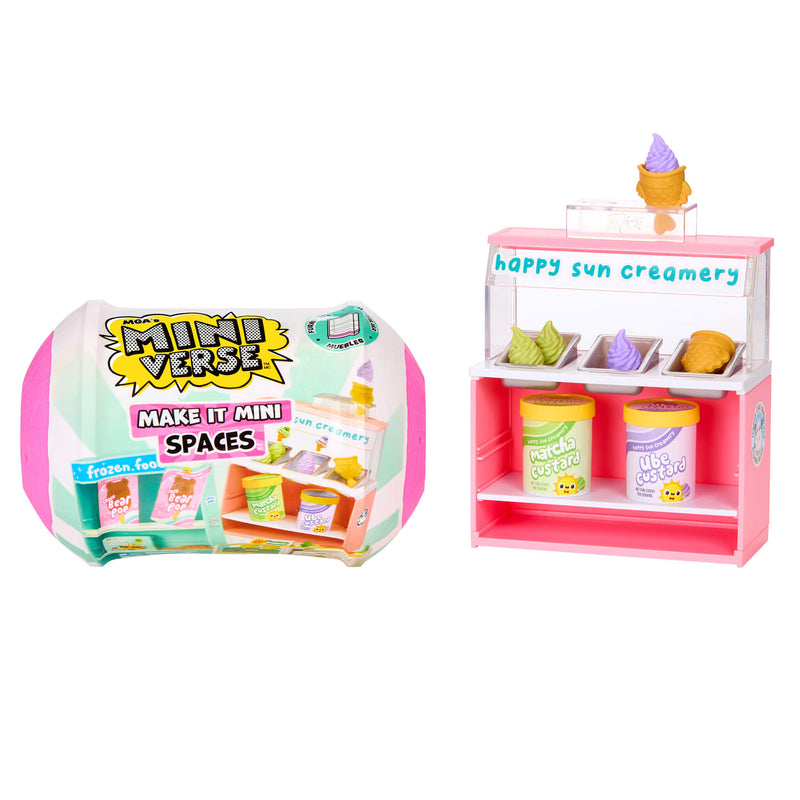 Miniature ice cream shop set with 'Mini Verse' packaging on a white background