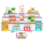 Toy supermarket set with various sections and items on a white background