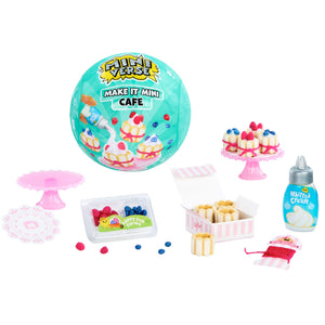 'Make It Mini Cafe' from the 'Mini Verse' series, featuring a round teal plastic container, a pink cake stand, a pink doily, a small box of colorful mini fruit, a box of mini ladyfingers, a bottle of whipped cream, and a small pink and white striped accessory, all arranged on a white background.