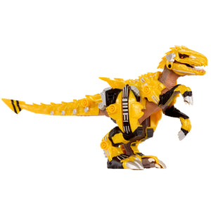 Yellow toy dinosaur figure on a white background