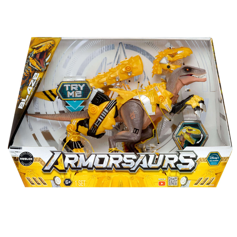 Boxed toy figure of a dinosaur with yellow armor and 'Armorsaurs' branding.