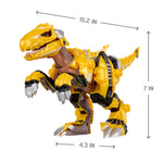 Yellow dinosaur toy with measurements on a white background