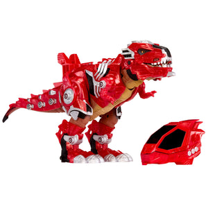 Red toy dinosaur with a smaller red helmet on a white background