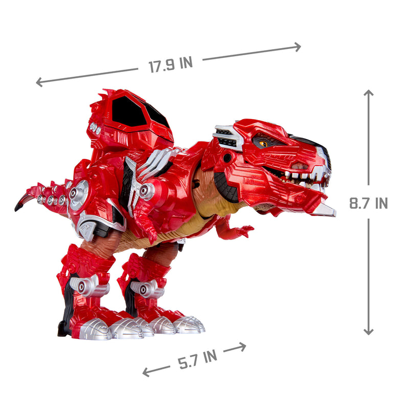 Red dinosaur robot toy with measurements on a white background