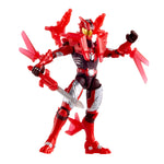 Red and black action figure with weapons on a white background