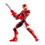 Red and black action figure with a sword on a white background