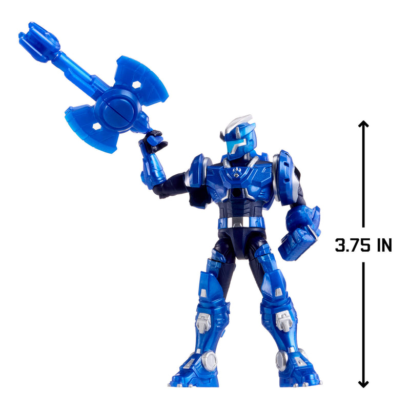 Blue robot toy holding a weapon with a measurement label on a white background