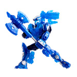 Blue action figure toy with a sword on a white background
