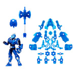 Blue toy figure with multiple interchangeable parts on a white background