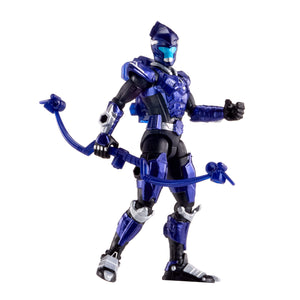 Blue and black action figure with a bow on a white background