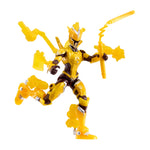 Yellow action figure with multiple weapons on a white background