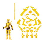 Yellow action figure with interchangeable parts on a white background