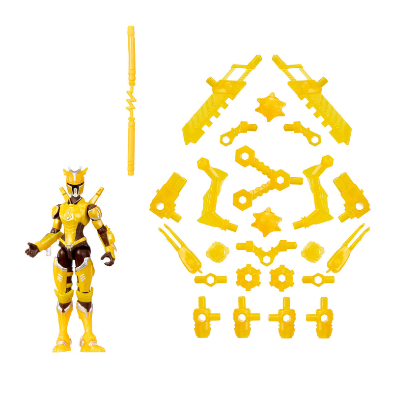 Yellow action figure with interchangeable parts on a white background