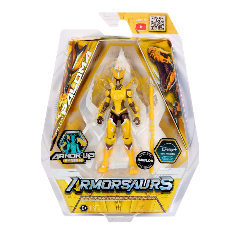 Yellow armored figure in packaging with 'Armorsaurs' branding on a white background
