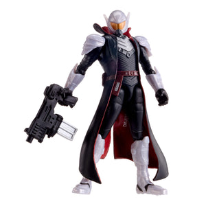 Action figure with a black and red outfit holding a weapon on a white background