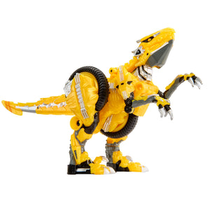 Yellow dinosaur toy on a white background