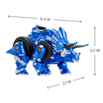 Blue toy dinosaur with measurements on a white background