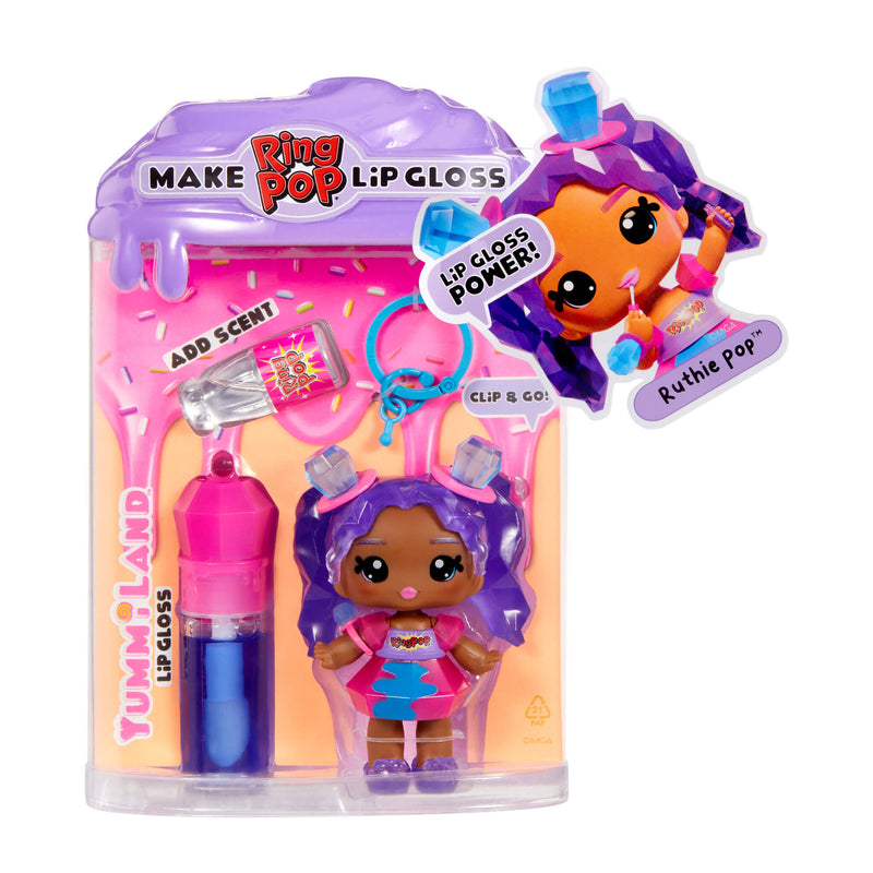 Makeup toy set with lip gloss and figurine in packaging, featuring 'Ring Pop' branding.