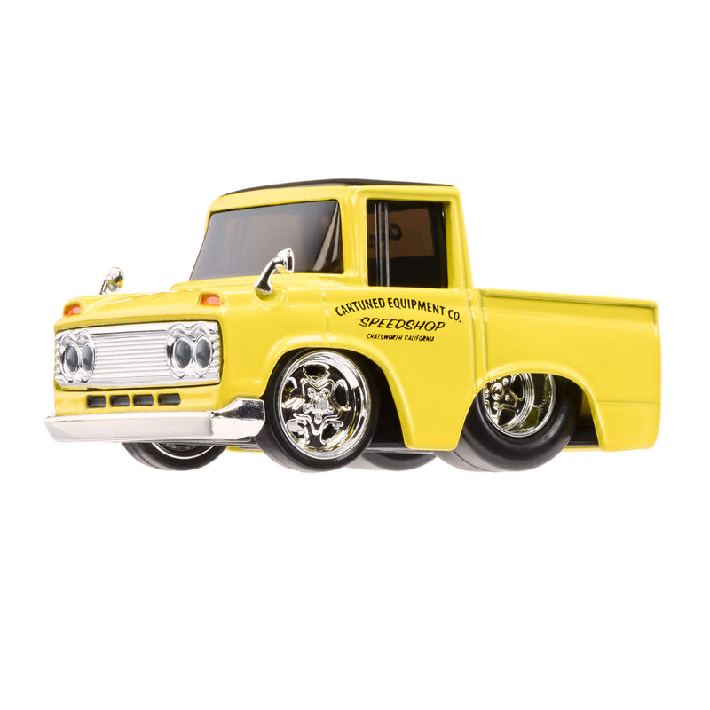 Yellow toy truck with 'Custom Equipment Co. Speedshop' branding on a white background