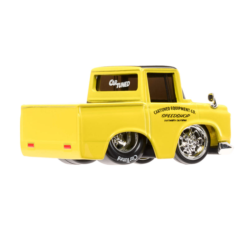 Yellow model truck with 'Car Tuned' and 'Customized Equipment Co.' branding on a white background