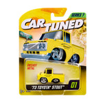 Yellow toy truck in packaging with 'Car Tuned' branding